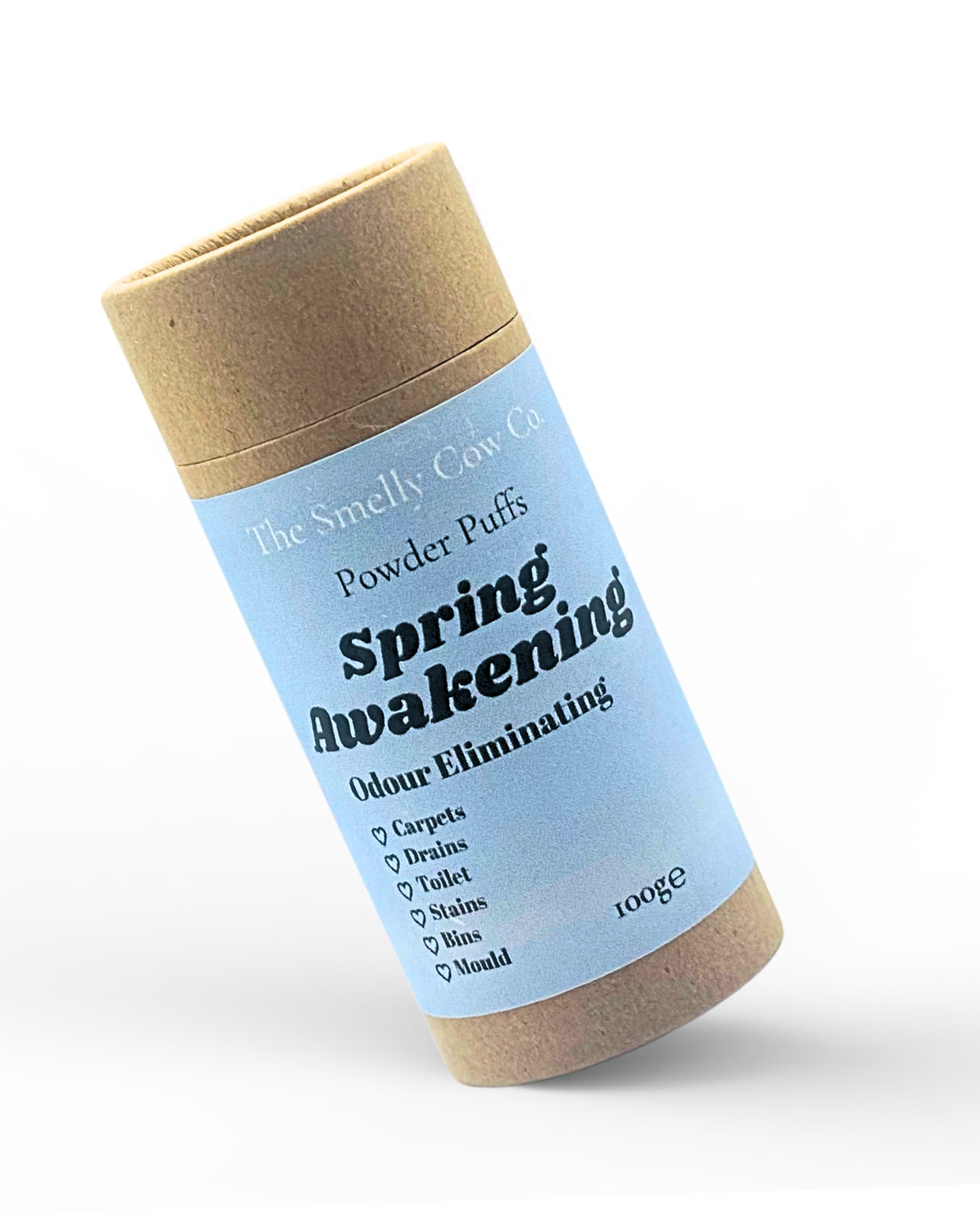 a brown craft cardboard tube with a sifter top and lid. A pastel blue label promoting a 6in1 multi-purpose powder cleaner, scented in spring awakening.